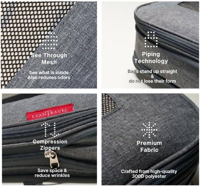 LeanTravel Premium Compression Packing Cubes for Travel - Suitcase Organizer Bags with Double Zipper & Breathable Mesh Panel - Space Saving Carry On Luggage Essentials (6-Pack, Grey) - Image 4