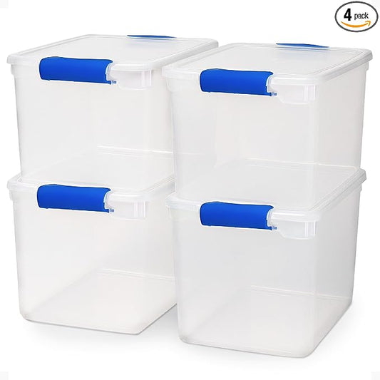 HOMZ 4-Pack 31 Quart Latching Lid, Clear Plastic Storage Organizer Bins, Blue – Stackable Containers for Home & Office Shelves, Kitchen, Garage, and Bathroom Organization by Homz