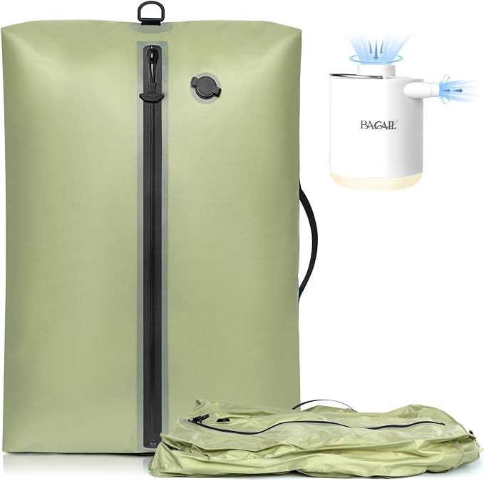 BAGAIL TPU Vacuum Bag for Travel, Reusable Compression Bag with IPX8 Waterproof Zipper, Save Space for Suitcase, Backpack and Carry on (Olive Green, Large, With Pump) by BAGAIL