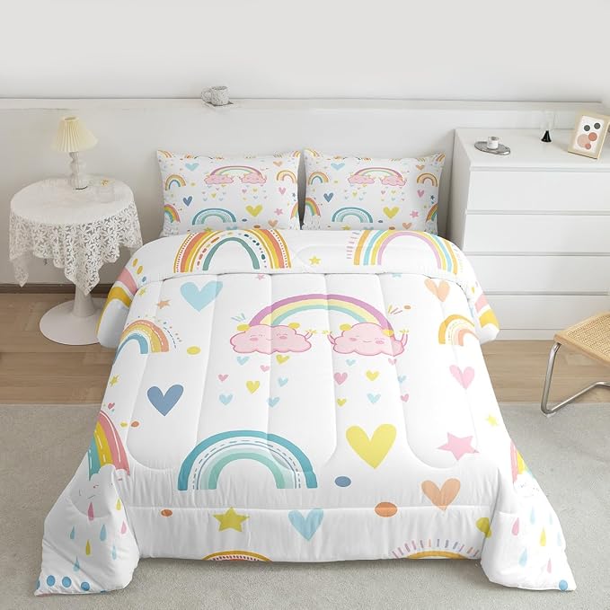 Erosebridal Rainbow Comforter Set 3Pcs, Kawaii Cartoon Cloud Quilt Iridescent Full for Kids Girls Women Teens, Love Heart Duvet Insert Hand Drawn Style Down Comforter Girly Bedroom Decor,Colorful - Image 3