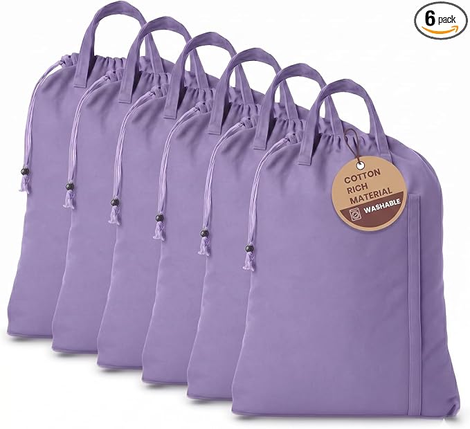 LFH Home Cotton Rich Large Premium Canvas Laundry Bag, Heavy Duty Washable Laundry Hamper with Drawstring & Handles, Multi-Use Clothes Storage for Home, Travel & College 20"x30" (Pack of 6) - Lavender by LFHHomePrivateLimited