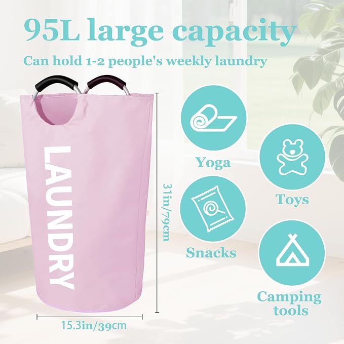 WOOHA 95L Large laundry basket,Collapsible laundry hamper, Tall Clothes Baskets Folding Washing Bin Foldable Fabric Hamper Bags for Bedroom, Closet,Bathroom,College,laundry bag,pink - Image 2