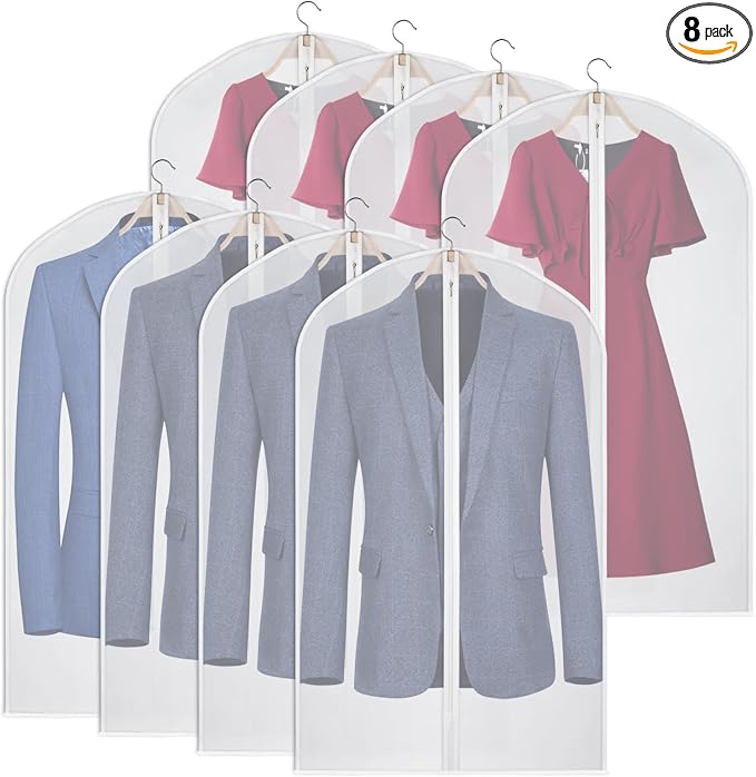 Garment Bags Clear Suit Bag for Closet Storage Set of 8 Hanging Clothes Dress Cover Bags Dust-Proof with Zipper for Suit, Coat, Dresses Clothes Storage-24” x40” by Kntiwiwo