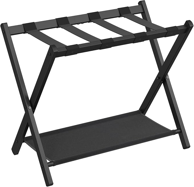 SONGMICS Luggage Rack, Foldable Suitcase Stand with Storage Shelf | Steel Frame, for Guest Room, Hotel, Bedroom, Black, URLR003B01 by Unknown