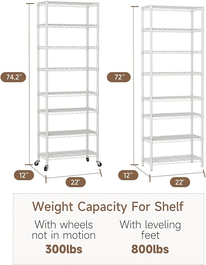 Golpart 8 Tier Shelves Storage Shelf Wire Closet Bathroom Organizers Metal Pantry Kitchen Garage Shelving Unit Laundry Room Organization Home Rack Net Basket Black with Wheels 12”D X 22”W X 74.2”H - Image 3