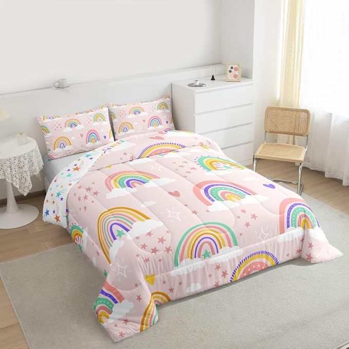 Erosebridal Girls Rainbow Bedding Set, Love Heart Comforter Set King Size for Kids Boys Children Cartoon Girly Bedding Comforters Iridescent Soft Microfiber Duvet Insert for Bedroom Decor, Pink - Image 4