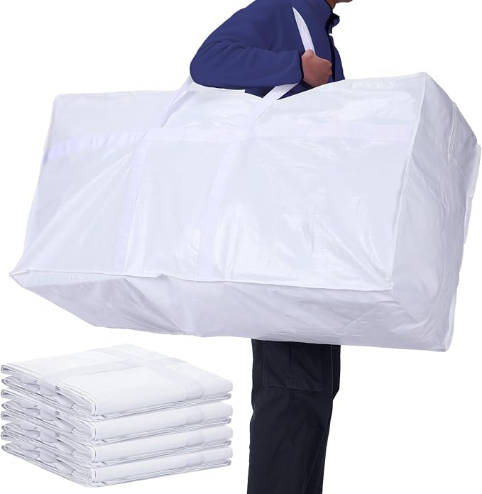 Windyun 4 Pack 57 Gallon Extra Large Moving Bags XXL Heavy Duty Storage Bag with Strong Zipper Handle Jumbo Big Tote Box Foldable for College Dorm Travel Clothes Duffle Blanket Pillow(White) by Windyun