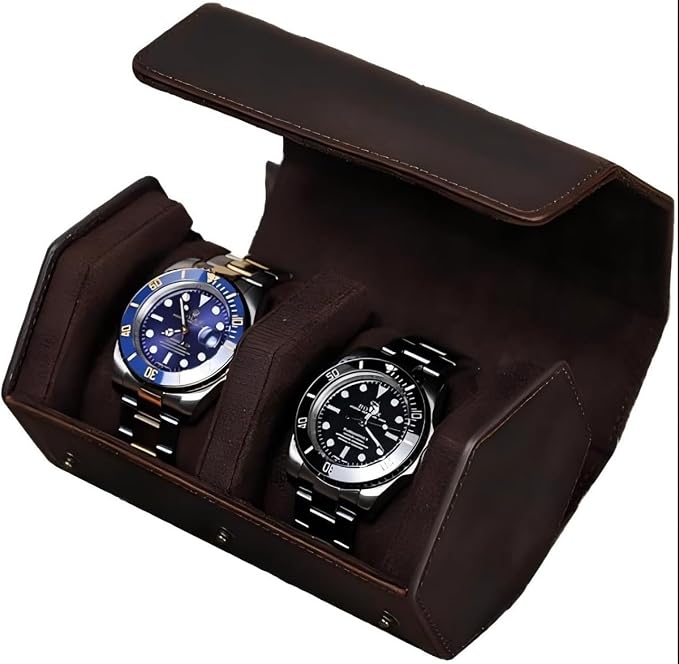Genuine Leather Watch Roll Travel Case, Vintage Full Grain Leather Hexagon Watches Storage Organizer with Display Removable Pillows & Solid Dividers for Home Storage &Display (2 Slot) by UPRESYE