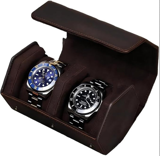 Genuine Leather Watch Roll Travel Case, Vintage Full Grain Leather Hexagon Watches Storage Organizer with Display Removable Pillows & Solid Dividers for Home Storage &Display (2 Slot) by UPRESYE