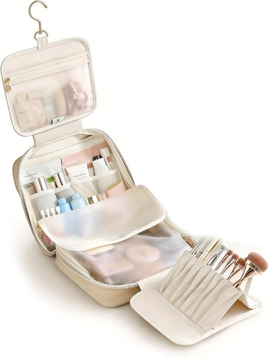 GIVLEFLY Luxury Hanging Makeup Bag for Women, Large 4-Layer Foldable Waterproof Cosmetic & Skincare Organizer with Handle, Fits Suitcase & Train Seat for Travel（beige） by GIVLEFLY