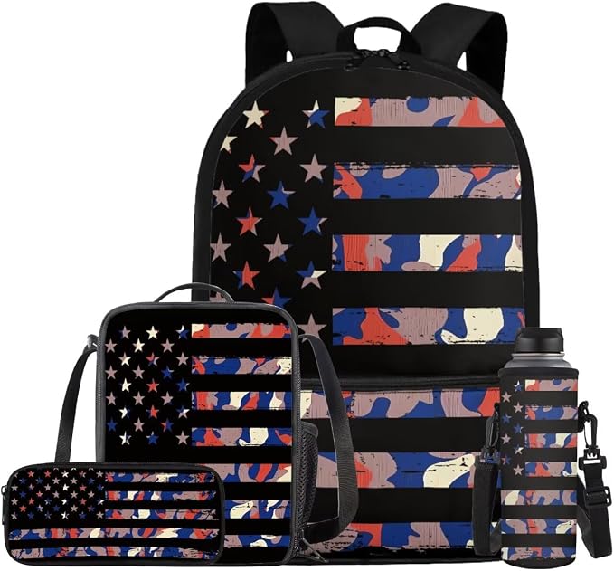 American Flag Camo Backpack for Boys Kids Backpack with Lunch Box Water Bottle Holder with Strap and Big Pencil Case 4PCS Set Bookbag with Front Pocket for School 17" Lightweight School Bag by ELEDIZI