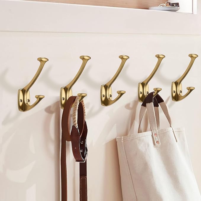5 Pack Champagne Brozne Hooks Decorative Heavy Duty Solid Large Coat Hooks for Towel Hanging Coats Robe Wall Mounted Towel Bags Door Back Bathroom Wall Hook. - Image 5