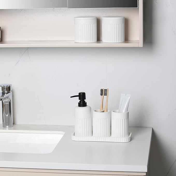 INIUNIK Bathroom Accessory Set - 6 Pieces Bathroom Accessories Set Complete with Soap Dispenser, Toothbrush Holders, Tumbler, Vanity Tray and 2 Qtip Holder for Home Organizer and Decor, White - Image 3