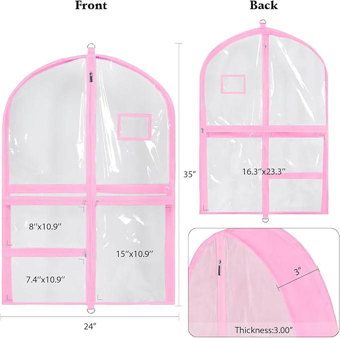 Univivi Clear PVC Dance Costume Bags, 35 Inch Garment Bag for Dance Competitions, with 3 Seperated Medium Clear Zipper Pockets and 1 Large Back Zippered Pocket (Clear/Pink) - Image 3