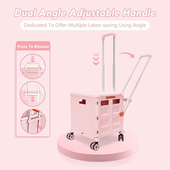 FELICON SELORSS Folding Utility Cart Portable Rolling Crate Handcart-Pink | Adjustable Handle+Extended Magnetic Lid,Storage Basket Box,4 Swivel Wheels Tote for Teacher Move Shop Travel Grocery Office - Image 2