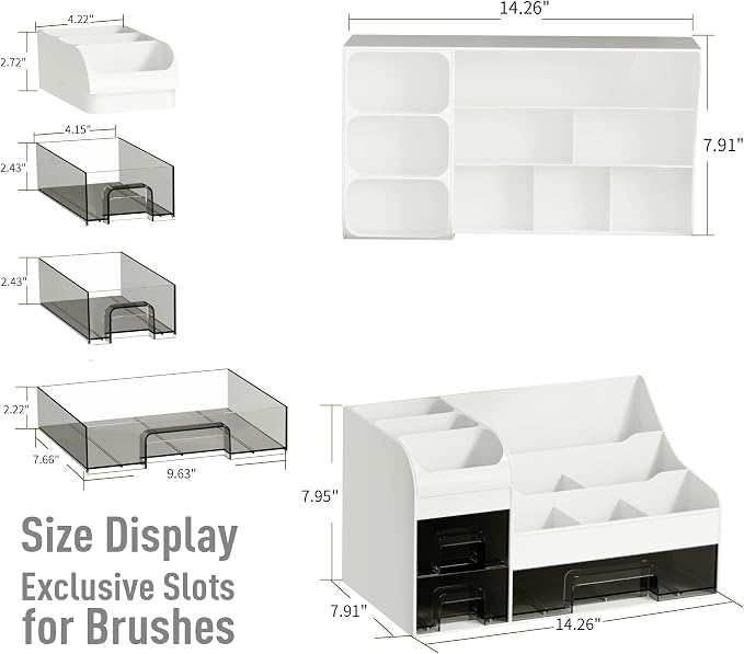 Makeup Organizer with Drawers,Large Cosmetic Storage Box,Countertop Skincare Organizer,ABS Makeup Brush Holder for Bathroom,Desk,Dresser,Multifunctional Beauty Display Case,White transparent - Image 4