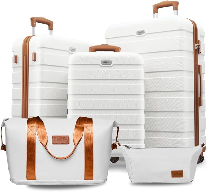 AnyZip Luggage Set 5 Piece PC ABS Hardshell Lightweight Suitcases for Travelling with 4 Universal Wheels TSA Lock Carry on Suitcase White Brown by YourBestTravelChoice