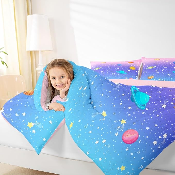 Erosebridal Cute Galaxy Comforter Set King for Boys Girls Kids Stars Planet Space Bedding Set Kawaii Rainbow Pastel Bedding Comforter Sets Pink Blue Purple Ombre Cartoon Quilt Duvet 2 Pillow Cases - Image 6