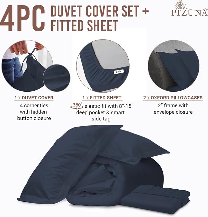 Pizuna 100% Cotton Queen 1 Pc Duvet Cover + 1 Pc Fitted Sheet Set 400 Thread Count Dark Blue Sateen Weave Luxurious Long Staple Cotton 4 Piece Bedding Set -1 Duvet Cover,2 Pillow Shams,1 Fitted Sheet - Image 3