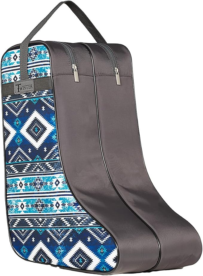 M&F Western Products TWISTER Boot Bag, Charcoal with Southwestern Blue Diamond Pattern, Nylon Handles and Gussets by MFWestern