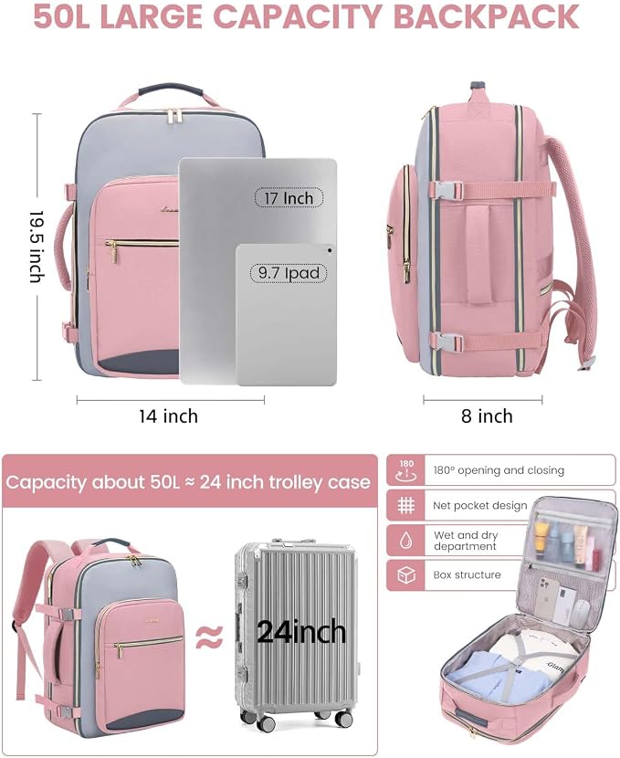 LOVEVOOK 50L Travel Backpack for Women & Men, Airline Approved Carry On Luggage with 3 Packing Cubes, TSA Overnight Bags, Waterproof Personal Item Bag, Weekender Essentials Backpacks fits 17" Laptop - Image 3