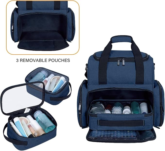 Large Makeup Bag Double Layer with 3 Removable Case,Blue | Large Makeup Bag with 3 Removable Case and 2 Removable Dividers Double Layer Travel Cosmetic Makeup Brushes Storage Section - Image 5