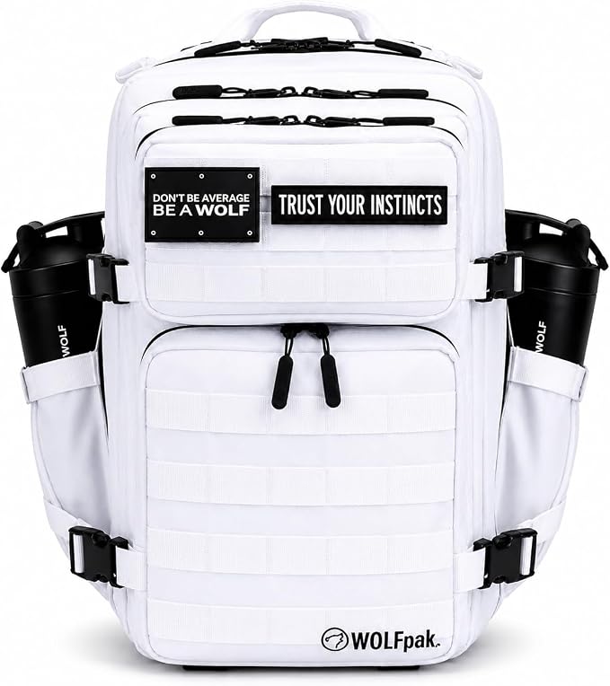 WOLFpak 35L Tactical Gym Backpack (Polar White) Durable 1000D Waterproof Oxford Material with MOLLE Webbing, Laptop Pocket & Dual Cup Holders, Durable Fitness/Travel/Military Daypack by WOLFpak