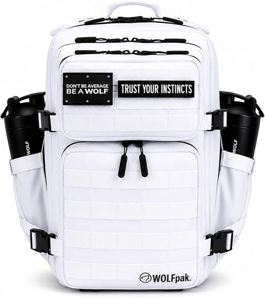 WOLFpak 35L Tactical Gym Backpack (Polar White) Durable 1000D Waterproof Oxford Material with MOLLE Webbing, Laptop Pocket & Dual Cup Holders, Durable Fitness/Travel/Military Daypack by WOLFpak
