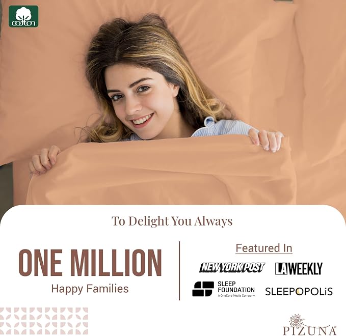 Pizuna Pure 100% Cotton Flat Sheets Only Full Peach (1 PC), Luxurious 400 Thread Count Long Staple Cotton Sateen with 4" Hem (Combed Full Flat Sheet Only Cotton) - Image 2