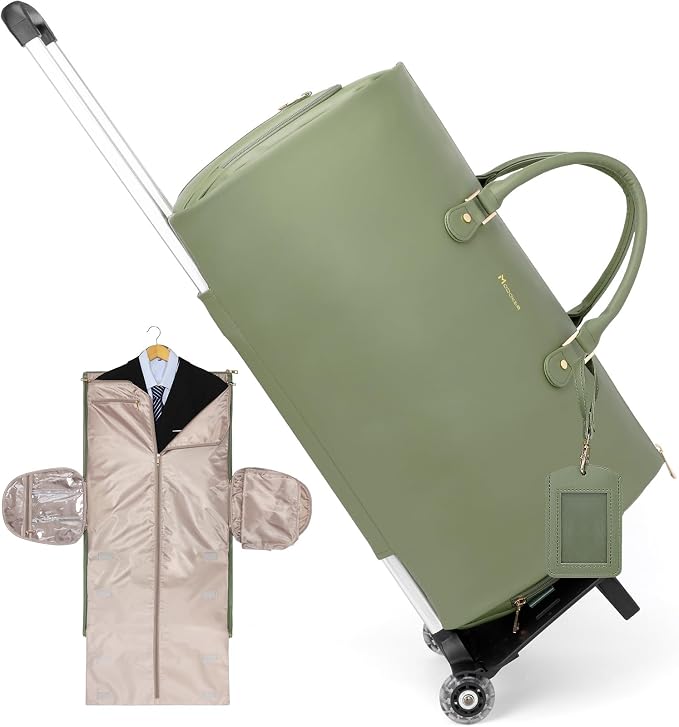 Modoker Rolling Garment Bags with Wheels, Women Garment Duffel Bag for Travel, PU Leather Convertible Garment Bag with Trollery Suit Luggage Bag (Green) by Modoker