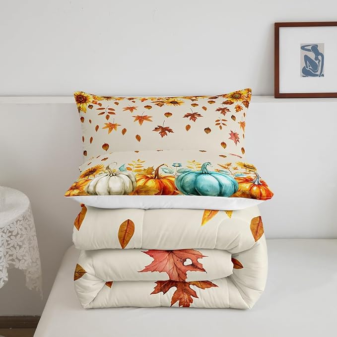 Fall Pumpkin Bedding Set For Home Full Thanksgiving Harvest Season Fruit Decor Comforter Set Autumn Fall Maple Leaf Quilt Comforter for Kids Teen Adults,Rustic Farm Sunflower Bed Sets 2 Pillow Cases - Image 6