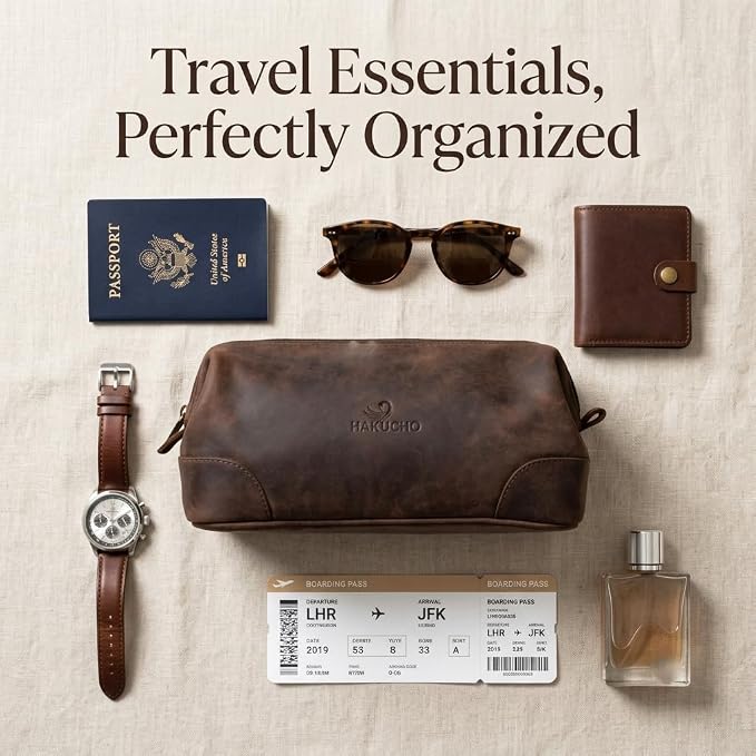 Leather Toiletry Bag, Grooming Travel Pouch, Shaving Kit Toiletries, Makeup Kit Organizer with Waterproof Lining, Handcrafted Vintage leather, best gift for Men & Women (DARK BROWN) - Image 7