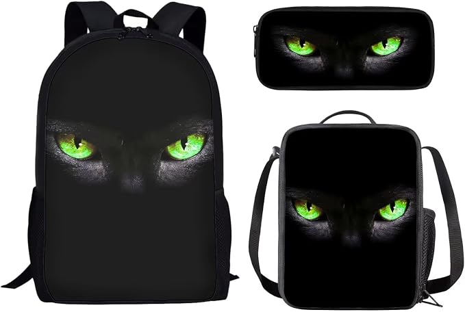 Mumeson Black Cat 3 Piece Kids Backpack Middle High School Bag Set with Lunch Box Pencil Case 3 in 1 Bookbag Set for Boys Girls,Large Capacity Travel Daypack Rucksack by Mumeson