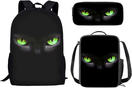 Mumeson Black Cat 3 Piece Kids Backpack Middle High School Bag Set with Lunch Box Pencil Case 3 in 1 Bookbag Set for Boys Girls,Large Capacity Travel Daypack Rucksack by Mumeson