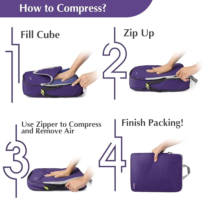 Gonex Compression Packing Cubes, 4pcs Expandable Storage Travel Luggage Bags Organizers (Purple) - Image 7