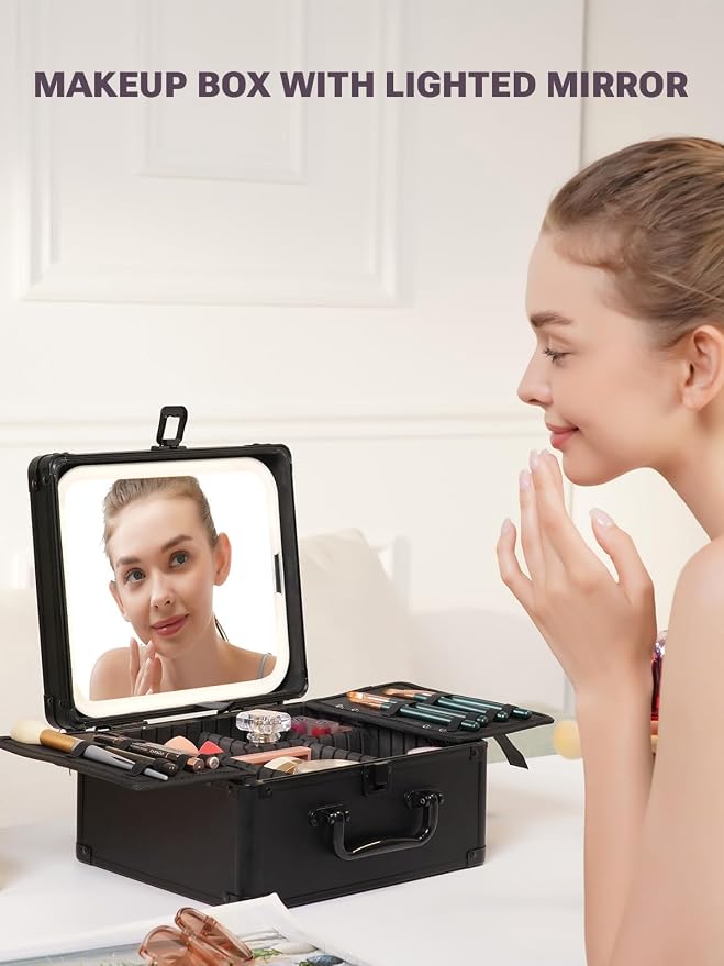 Qislee Makeup Box with A Detachable Lighted Mirror, Waterproof Travel Train Case, Cosmetic Organizer and Makeup Suitcase with Adjustable Dividers, Magnetic LED Mirror (Black) | Makeup Organizer, Cosmetic Travel Bag for Women, Adjustable Dividers, Brush... - Image 6