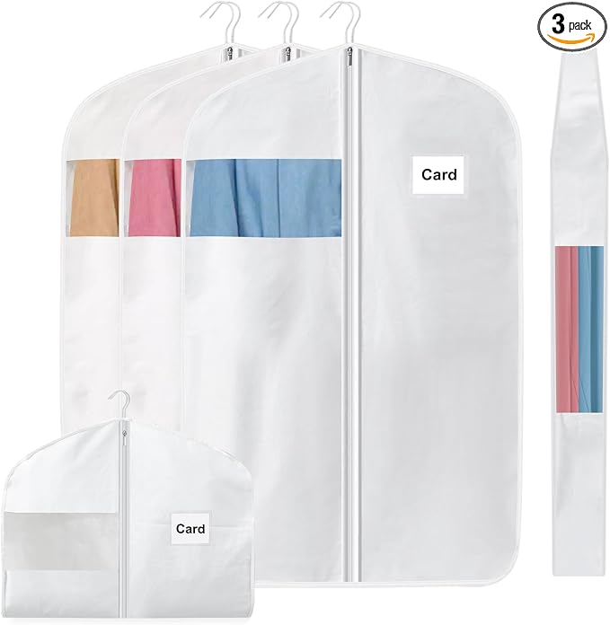 3 Pcs 40" 100% Organic Cotton Garment Bags for Hanging Clothes and Storage, Breathable Clothes Covers with Viewing Window and Card Pocket for Short Dresses, Jackets, Suits by Ribbonlic
