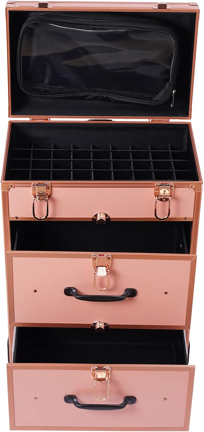 Rolling Makeup Case Cosmetic Train Cases Large Cosmetic Trolley with Locks Cosmetic Storage Organizer Travel Case Salon Barber Case for Makeup Artist Tattooist Nail Tech Hairstylists (Type D, Gold) - Image 5