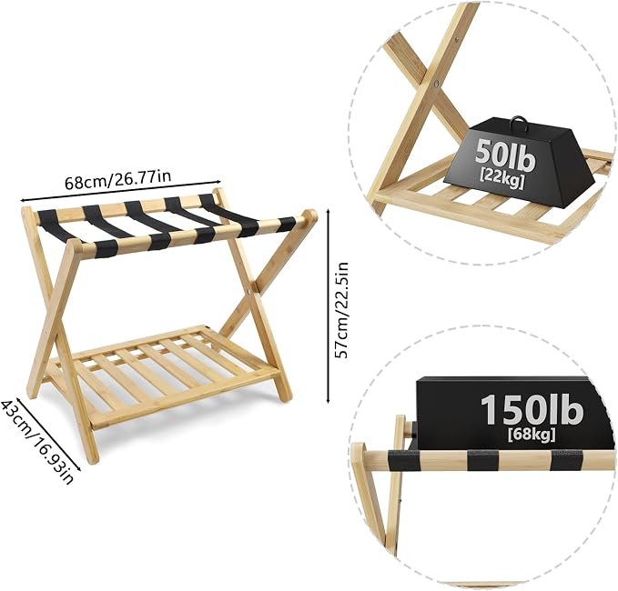 Smuxee Fully Assembled Luggage Rack for Guest Room, Upgraded Bamboo Foldable Suitcase Stand with 5 Nylon Straps, Nature Luggage Holder with Shelf for Bedroom Hotel - Image 7