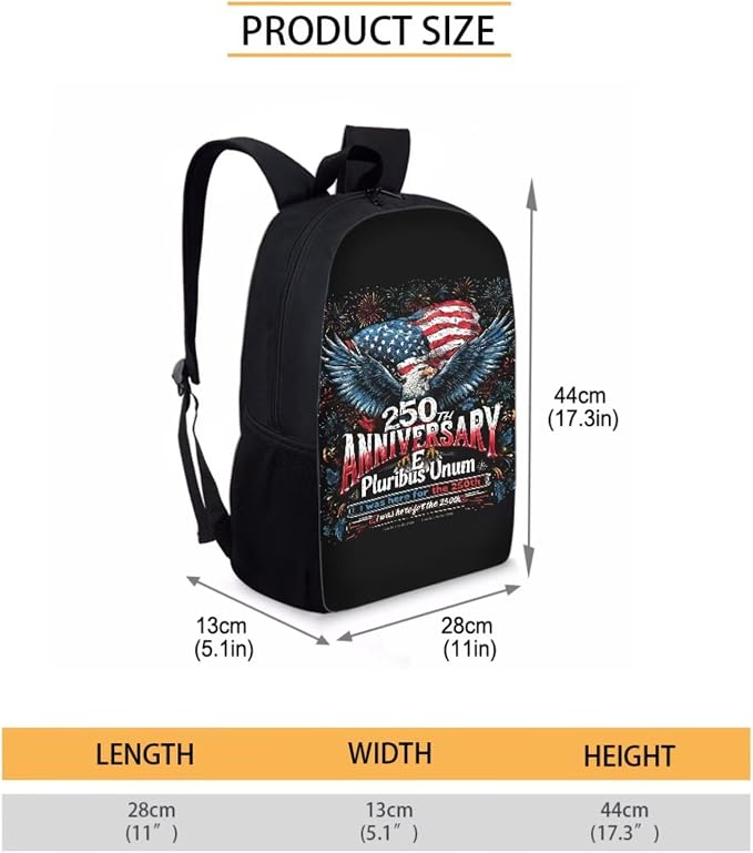 Eagle 250th Anniversary Black Backpack Set Kids Bookbag Primary School American Flag Fireworks Print Large Daypack with Lunch Bag and Pencil Bag, Students Lightweight Knapsack - Image 2