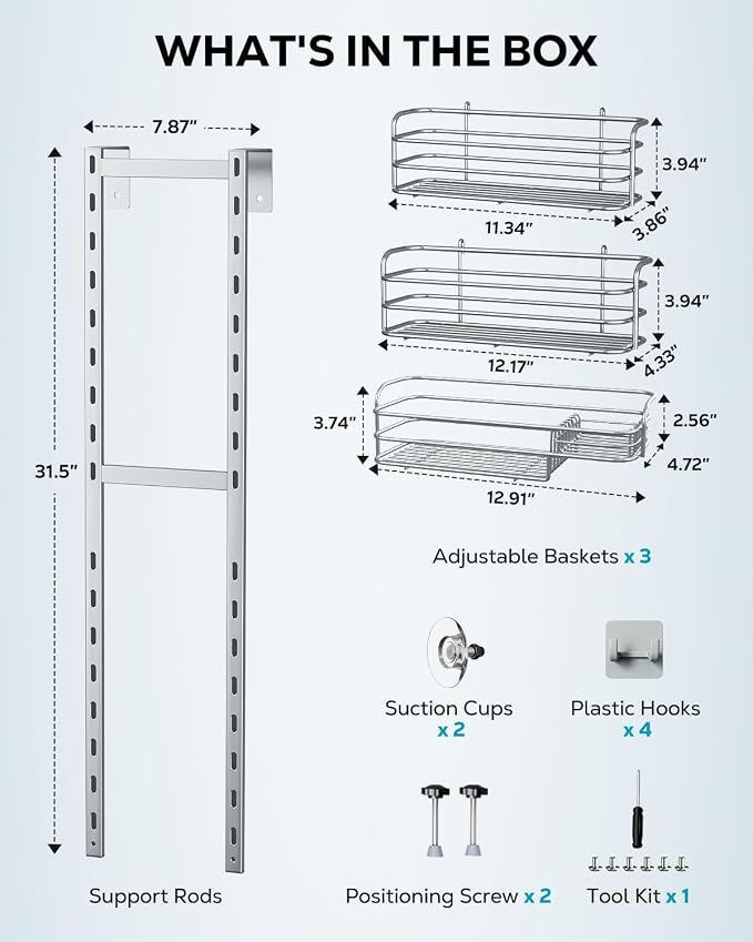 Nieifi Over The Door Shower Caddy, Adjustable Hanging Shower Organizer | Adjustable hanging baskets, 4 hooks, large capacity, rustproof steel, pantry organizer, drill free, for bathroom, silver - Image 6