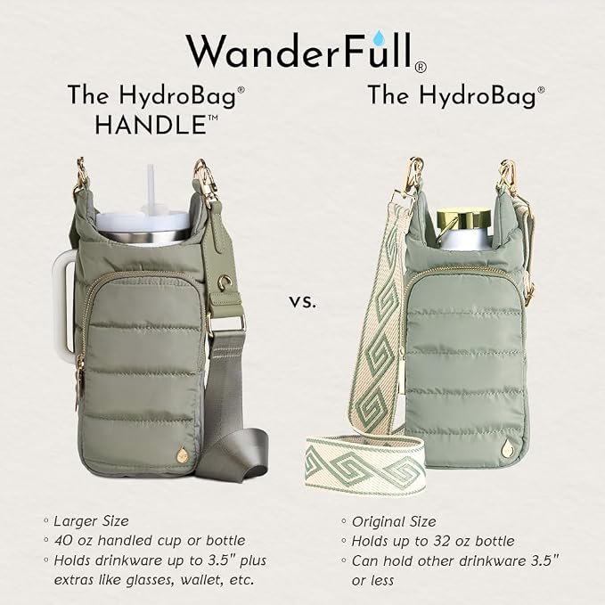 WanderFull Original HydroBag Handle®, Zipper for Handle, 40 oz Water Bottle Holder w/Strap, Crossbody Carrier Bag w/Phone Pocket, Tumbler Accessories - Sage Green w/Vegan Leather Trimmed Strap - Image 4