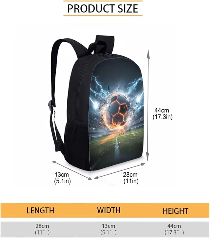 Soccer Ball Lighting Print Reusable School Bookbag Set for Teenage Girls, Durable Lightweight Backpack Set with Insulated Lunch Shoulder Box and Pencil Case, Children's Knapasck Set - Image 2