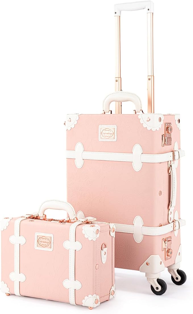 COTRUNKAGE Vintage Trunk Luggage Set Carry On Suitcase for Women (13" & 20", Embossed Pink) by COTRUNKAGE