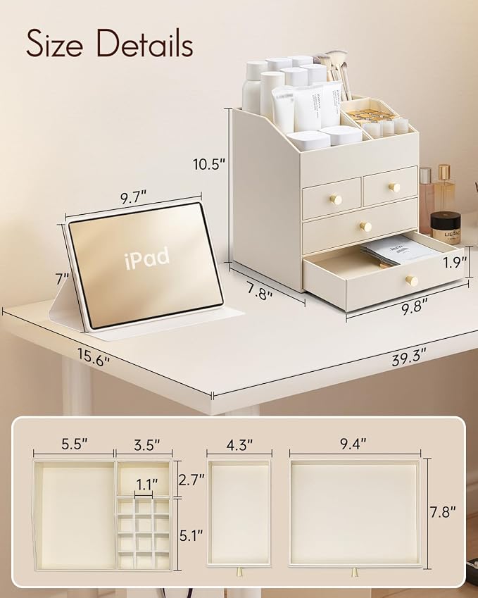 VLANDO Makeup Organizer,Vanity Organizer with Drawers, PU Leather Skincare Organizer Perfume Organizer,Large Cosmetic Display Case for Lipstick,Brushes Gifts for Women, Beige, 4 Layer - Image 5