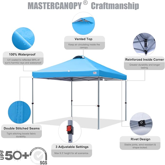 MASTERCANOPY 10x10 Pop Up Canopy Tent, 1 Person Setup Instant Shelter,Outdoor Portable Beach Canopy with Roller Bag, 4 Sandbags, 4 Ropes, 8 Stakes (10x10, Sky Blue) - Image 4