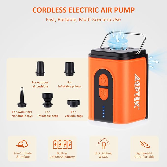 AGPTEK Travel Vacuum Bags with Mini Pump, IP67 Waterproof 2PCS Compression Bags for Carry on Luggage and Backpack, Electric Air Pump with 5 Nozzles & LED Light, Vacuum Seal Packing Cubes for Clothes - Image 2