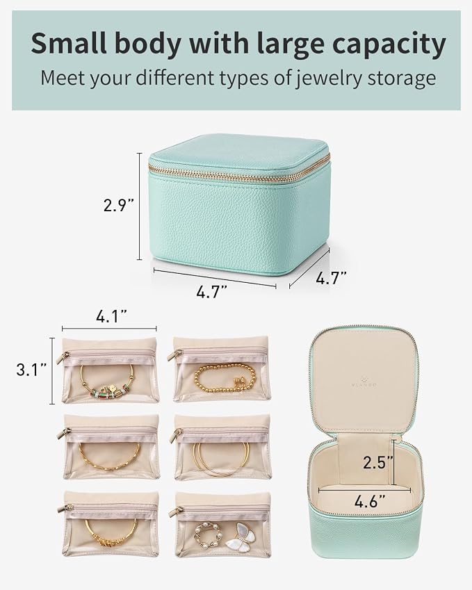 VLANDO Travel Jewelry Box for Women Faux Leather Jewelry Box with 6 Velvet Jewelry Zipper Pockets Earrings Necklace Rings Storage Boxes Christmas Gift for Mom Wife(Lake Blue) - Image 3