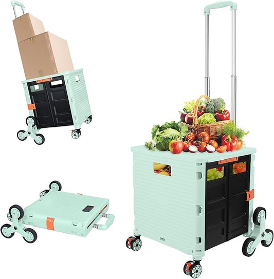 FELICON SELORSS Folding Utility Climber Cart Portable Rolling Crate-Green | Stair Climbing Wheels+360°Swivel Wheels,Telescoping Handle,Plastic Box Dolly for Travel Shop Move Laundry Office Teacher Use by FELICON