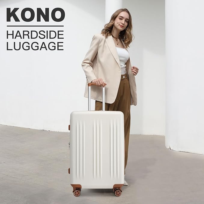 Kono Lightweight 28 Inch Expandable Luggage with Quiet Spinner Wheels TSA Lock, Scratch and Drop Resistant PC+ABS Hardside Durable Large Checked Suitcase, Cream White & Brown - Image 2
